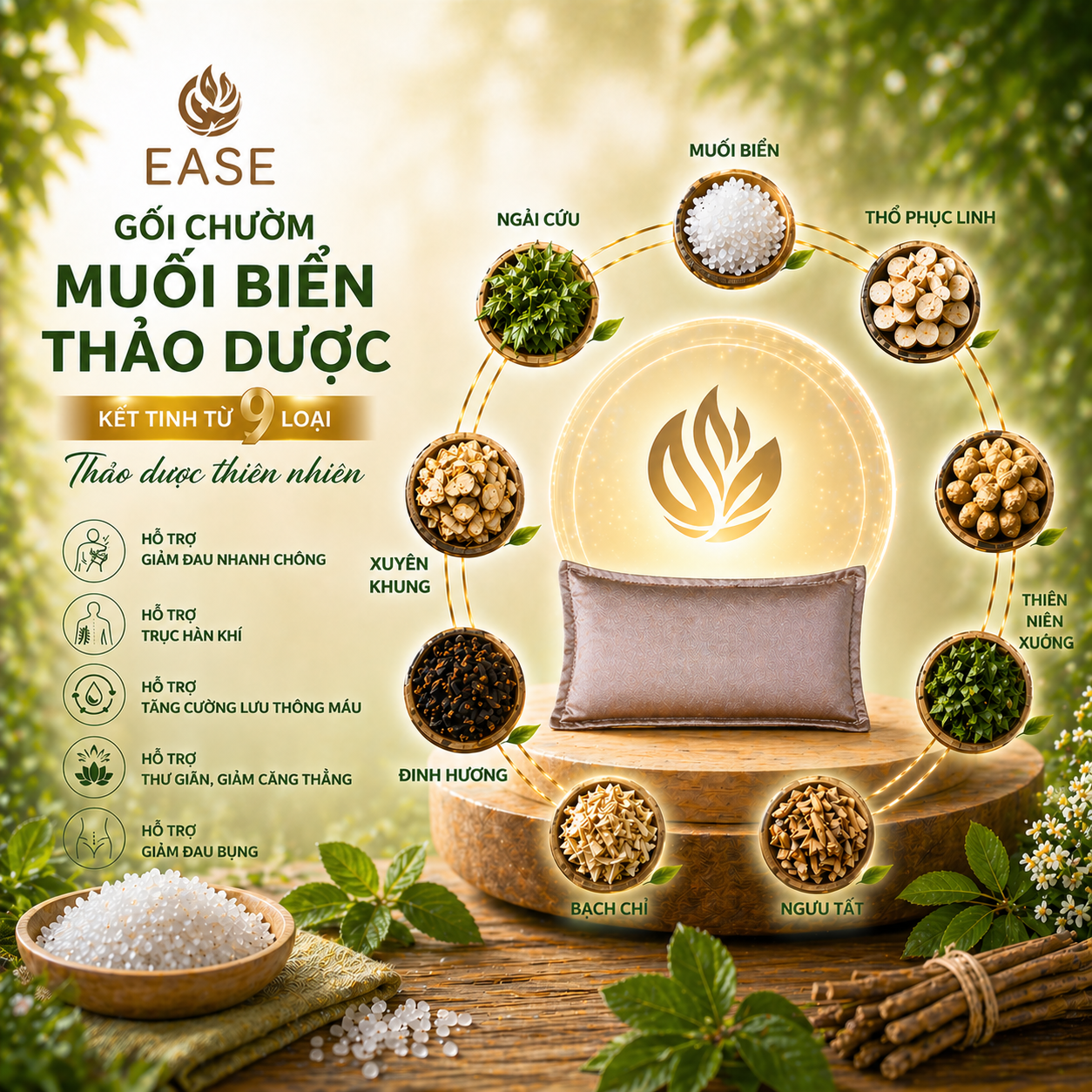 Gối chườm muối biển thảo dược EASE hỗ trợ giảm đau xương khớp, thư giãn cơ thể từ 9 loại thảo dược thiên nhiên