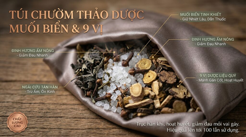 Khám phá bí mật bên trong chiếc gối EASE: Sự kết tinh khoa học y khoa và dược lý cổ truyền với lõi muối biển giữ nhiệt sâu và tỷ lệ vàng của 9 vị dược liệu quý. Cơ chế dẫn nhiệt tự nhiên giúp tinh chất thẩm thấu sâu, hỗ trợ giảm đau vai gáy và xương khớp hiệu quả.