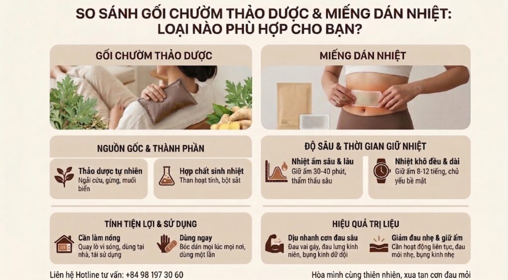 nfographic so sánh chi tiết ưu nhược điểm của gối chườm thảo dược tự nhiên và miếng dán nhiệt trong việc giảm đau mỏi vai gáy, đau lưng và đau bụng kinh.