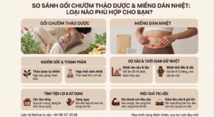nfographic so sánh chi tiết ưu nhược điểm của gối chườm thảo dược tự nhiên và miếng dán nhiệt trong việc giảm đau mỏi vai gáy, đau lưng và đau bụng kinh.