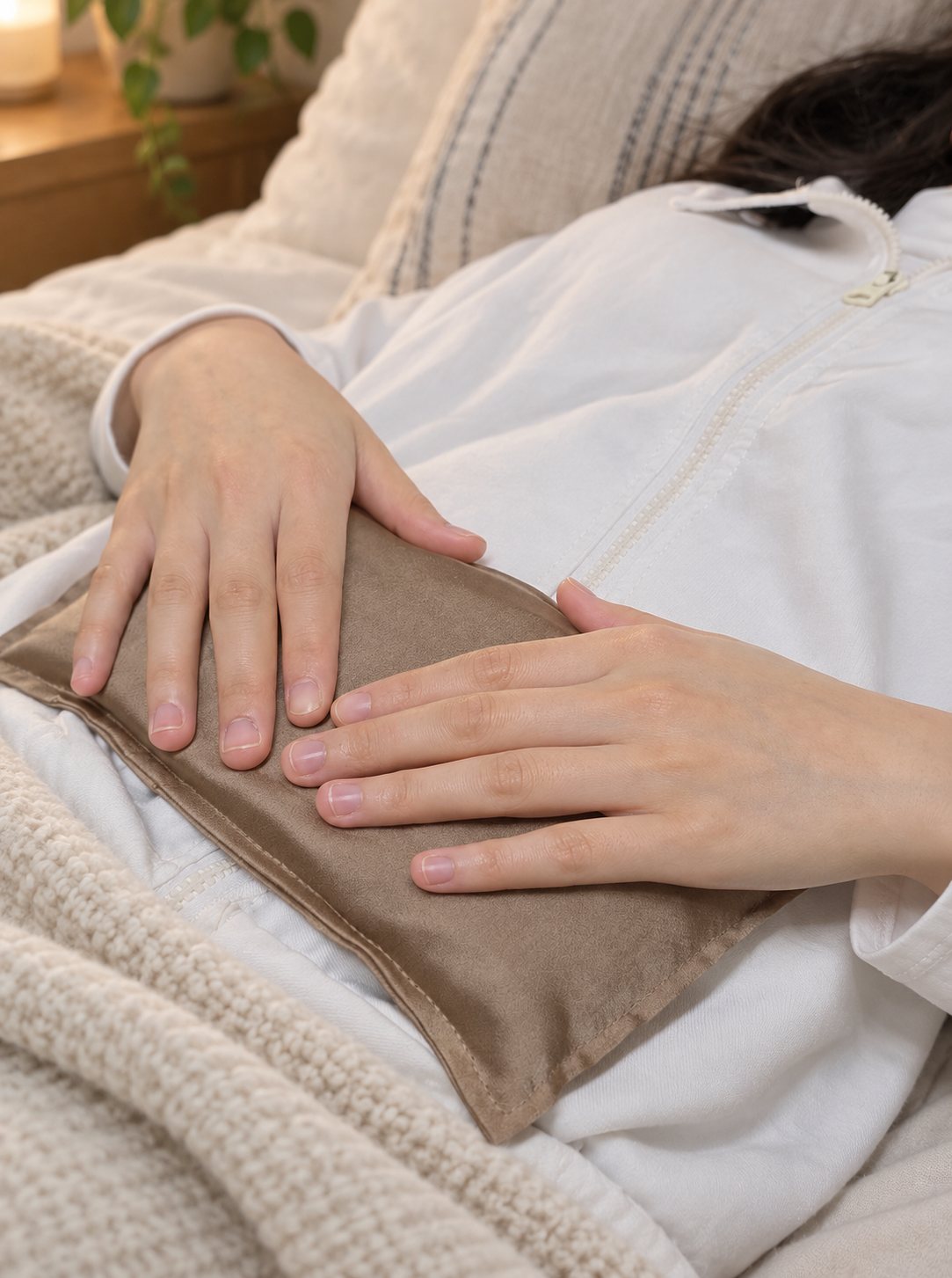 Chườm ấm vùng bụng dưới bằng gối chườm thảo dược EASE