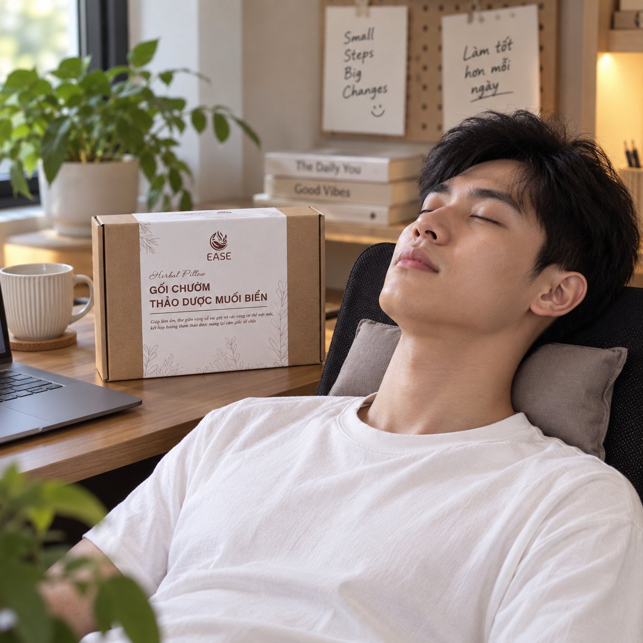 Chườm ấm vùng cổ vai gáy bằng gối chườm thảo dược EASE