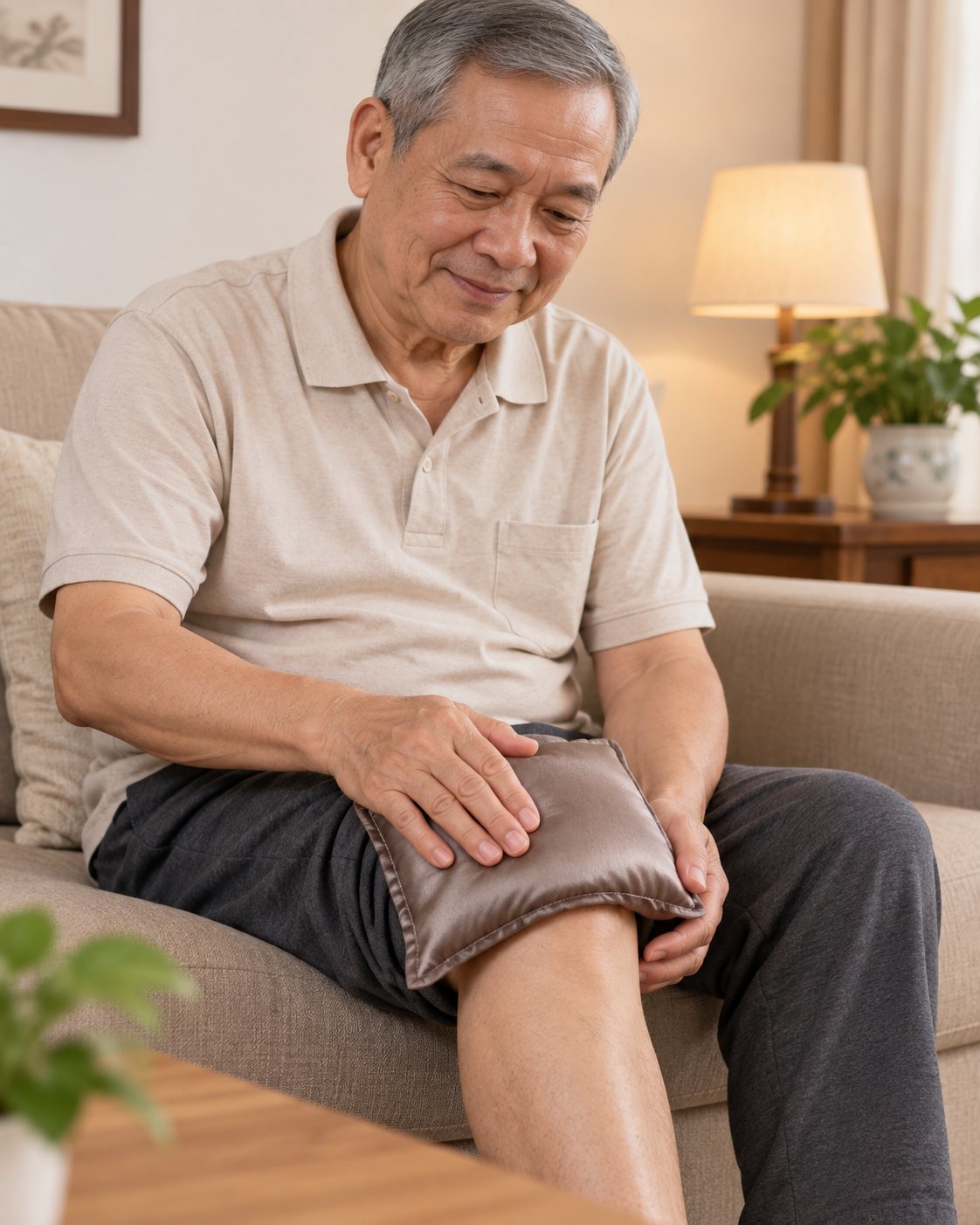 Người cao tuổi chườm ấm khớp gối bằng gối chườm thảo dược