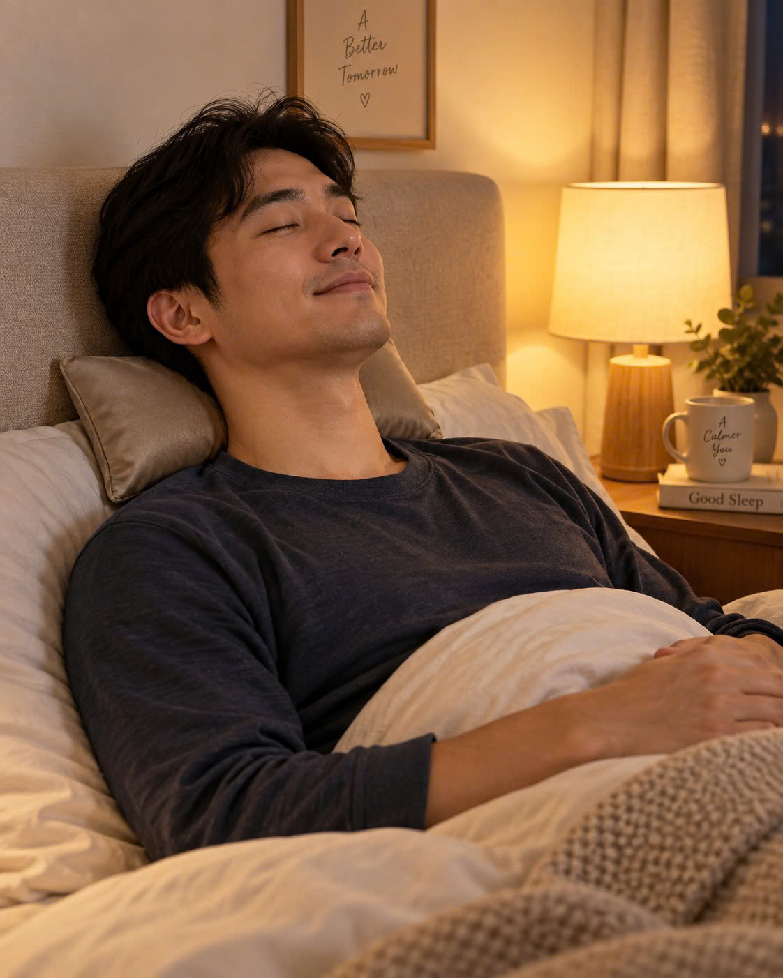 Người đàn ông ngả lưng đầu giường, gối chườm muối biển thảo dược EASE đặt sau gáy, phòng ngủ đèn vàng ấm
