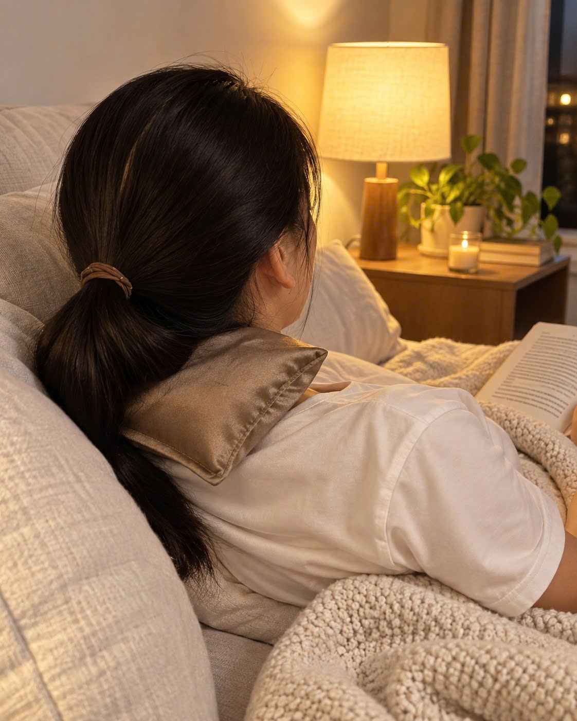 Người phụ nữ đọc sách buổi tối, gối chườm muối biển thảo dược EASE đặt trên vùng cổ gáy, đèn ngủ vàng ấm