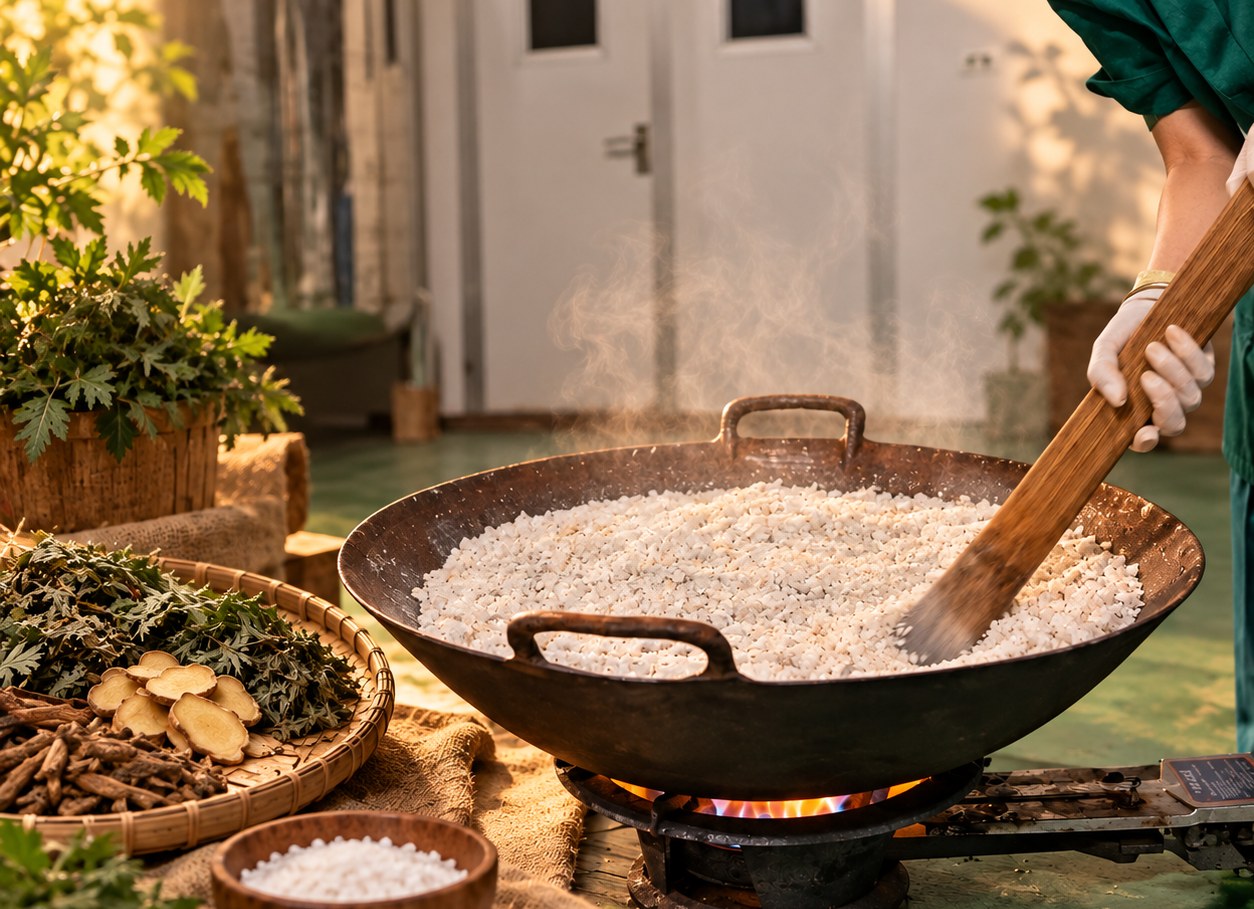 Rang muối biển thủ công trên chảo gang để làm gối chườm muối biển thảo dược EASE